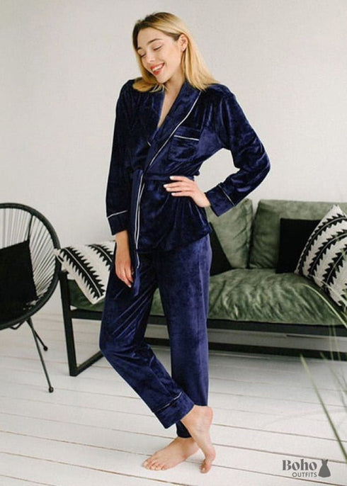 Pijama bohemio, conjunto de pijama de terciopelo Denise en gris y rosa.