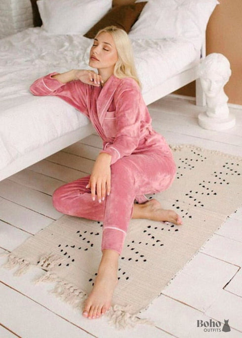 Pijama bohemio, conjunto de pijama de terciopelo Denise en gris y rosa.
