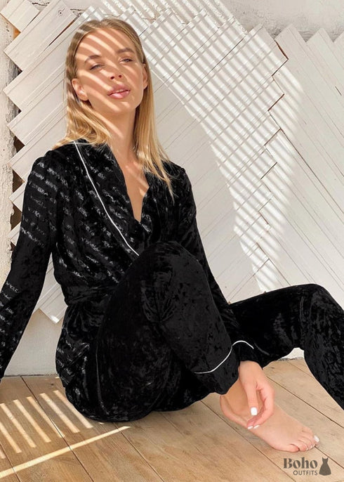 Boho Sleepwear, Pajamas Set, PJ Velvet Desireee in Black