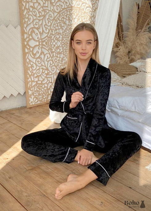 Boho Sleepwear, Pajamas Set, PJ Velvet Desireee in Black