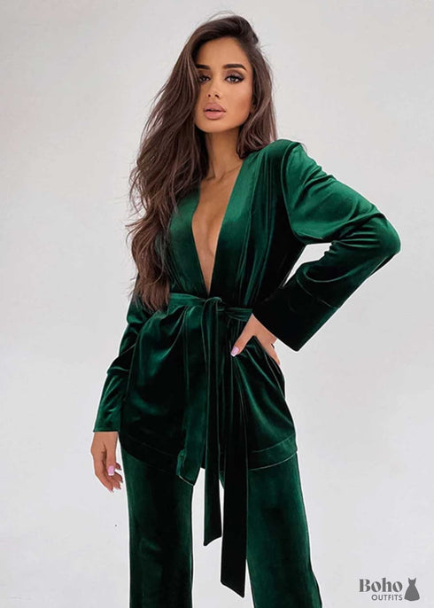 Boho Sleepwear, Pajamas Set, PJ Velvet Pauline in Black, Blue and Green