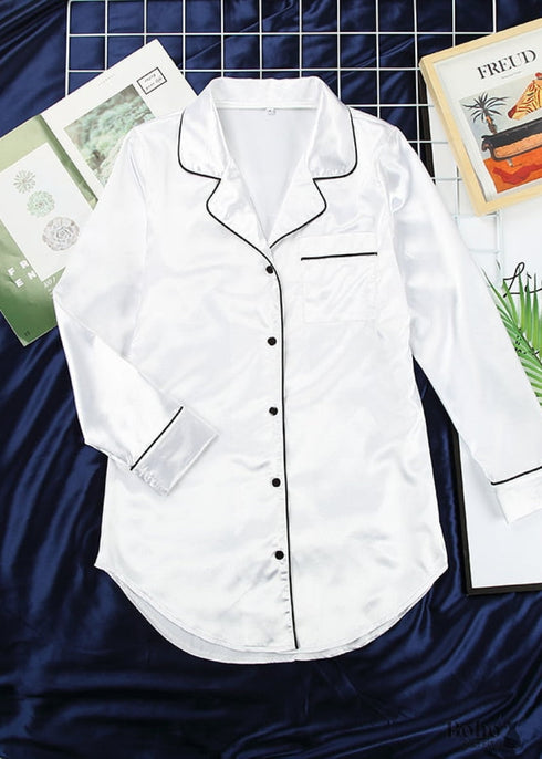 Boho Sleepwear, Pajamas Shirt Dress, PJ Satin Jolie White