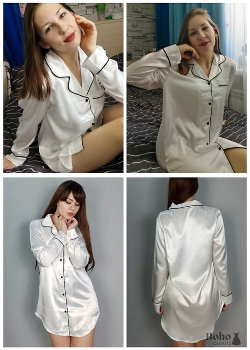 Boho Sleepwear, Pajamas Shirt Dress, PJ Satin Jolie White