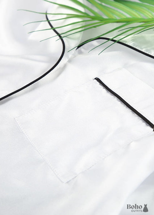 Boho Sleepwear, Pajamas Shirt Dress, PJ Satin Jolie White