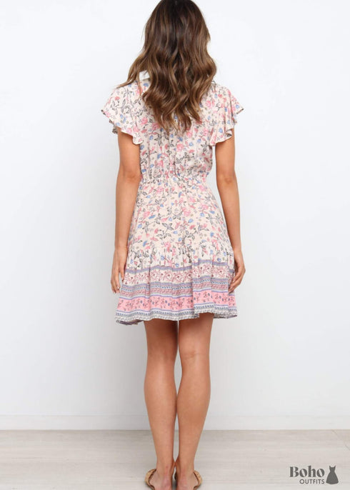 Boho Spring Summer Printed V-neck Short Dress Grace