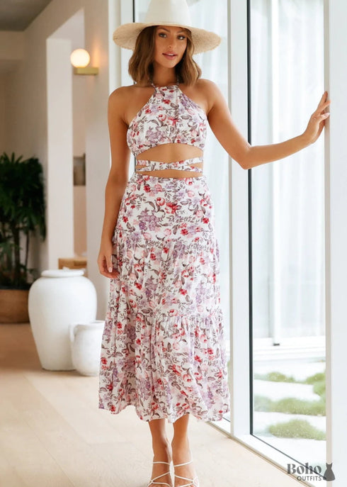 Boho Summer Tie-up Printed Midi Dress Victoria