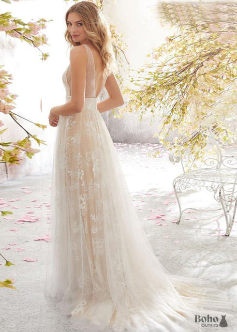 Boho V-neck Sweep Train Tulle Sleeveless Wedding Dress