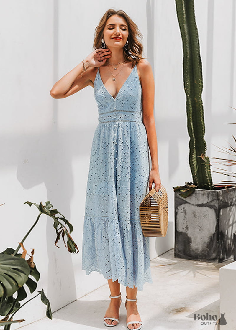 Dusty Blue Boho Midi Dress - Boho Dress Official