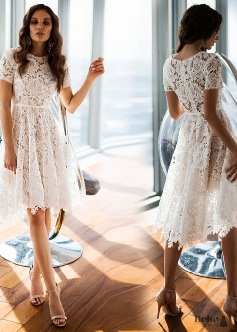 Gypsy Round Neck White Lace Boho Midi Dress Ruth