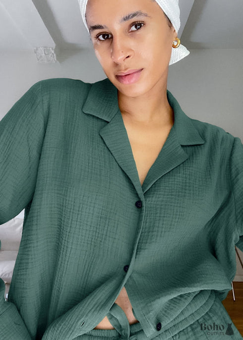 Pijama de algodón Hiloc para mujer, traje de cuello vuelto con pantalones cortos, pijama de manga larga para dormir