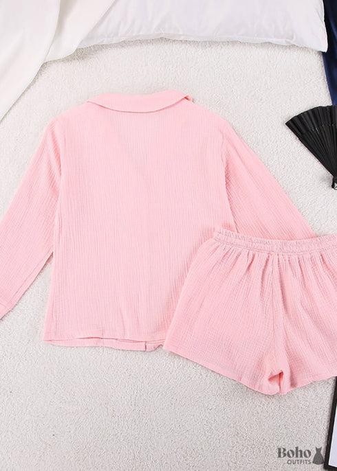 Pijama de algodón Hiloc para mujer, traje de cuello vuelto con pantalones cortos, pijama de manga larga para dormir