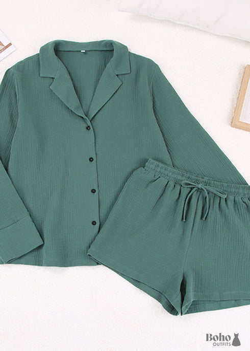 Pijama de algodón Hiloc para mujer, traje de cuello vuelto con pantalones cortos, pijama de manga larga para dormir