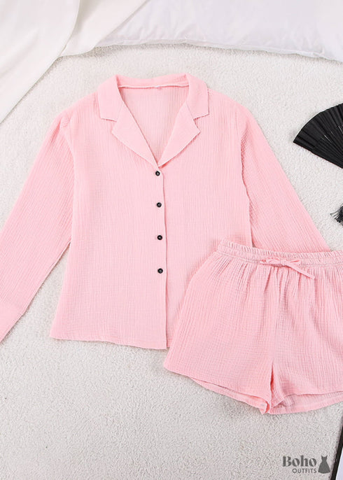 Pijama de algodón Hiloc para mujer, traje de cuello vuelto con pantalones cortos, pijama de manga larga para dormir