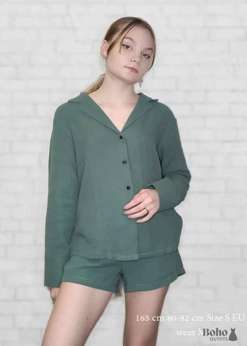 Pijama de algodón Hiloc para mujer, traje de cuello vuelto con pantalones cortos, pijama de manga larga para dormir