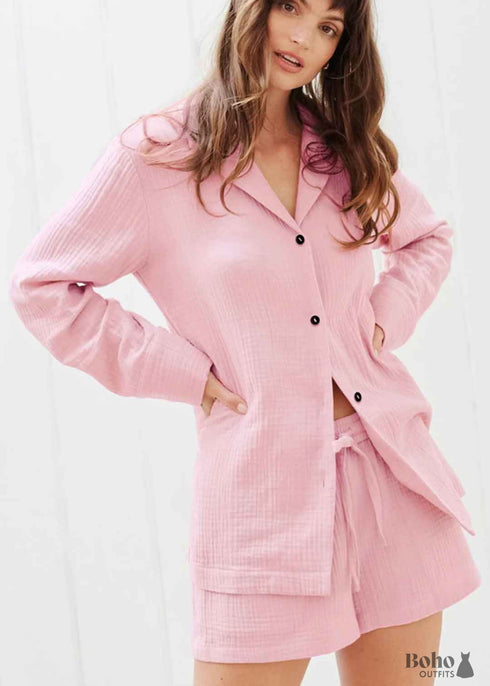 Pijama de algodón Hiloc para mujer, traje de cuello vuelto con pantalones cortos, pijama de manga larga para dormir