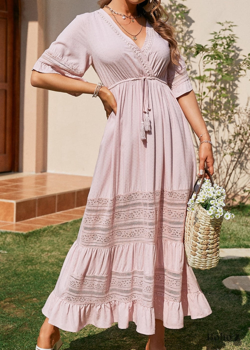 boho lace maxi dress Lace-Up Pink Boho Maxi Dress Melanie