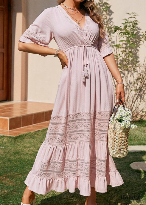 Lace-Up Pink Boho Maxi Dress Melanie