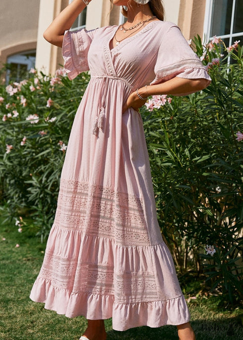 Lace-Up Pink Boho Maxi Dress Melanie