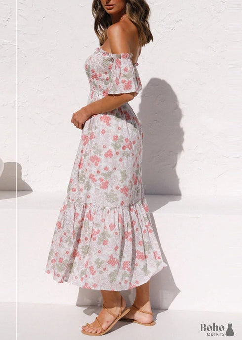 Vestido largo bohemio con hombros descubiertos de Alaina