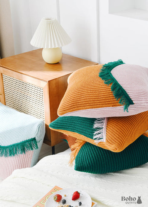 Pink And Blue Boho Fringe Pillow