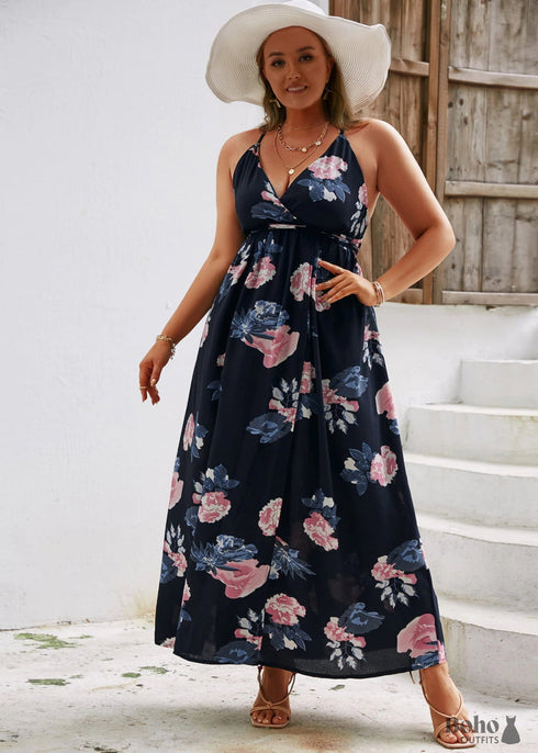 Plus Size Lace-Up Boho Floral Maxi Dress Athena