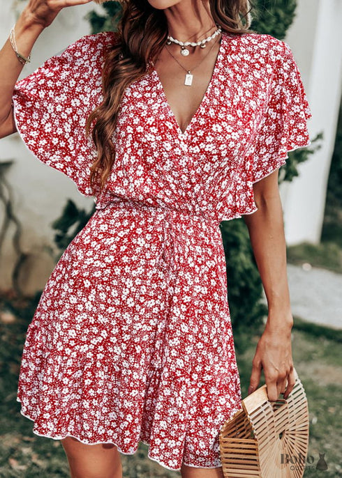 Red Boho Floral Mini Dress Esme