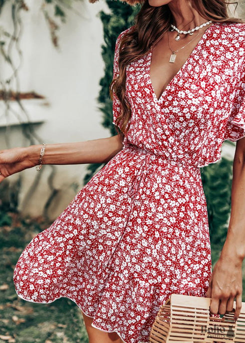 Red Boho Floral Mini Dress Esme