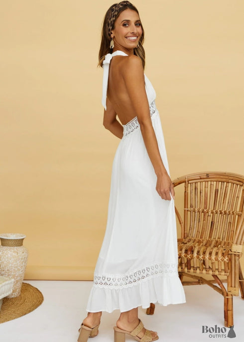 Tie-Up Lace White Boho Maxi Dress Shimmi