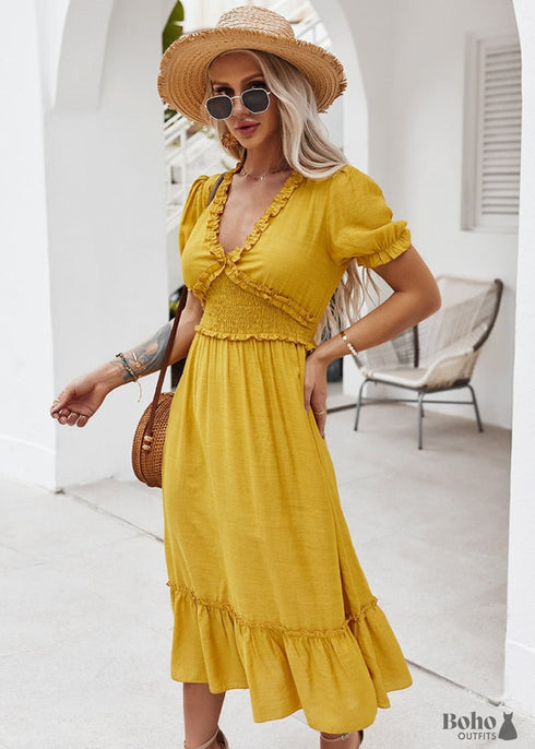V-Neck Yellow Boho Maxi Dress Freya