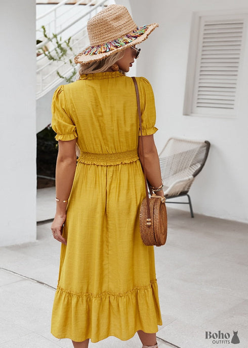 V-Neck Yellow Boho Maxi Dress Freya