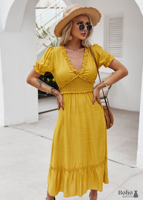 V-Neck Yellow Boho Maxi Dress Freya