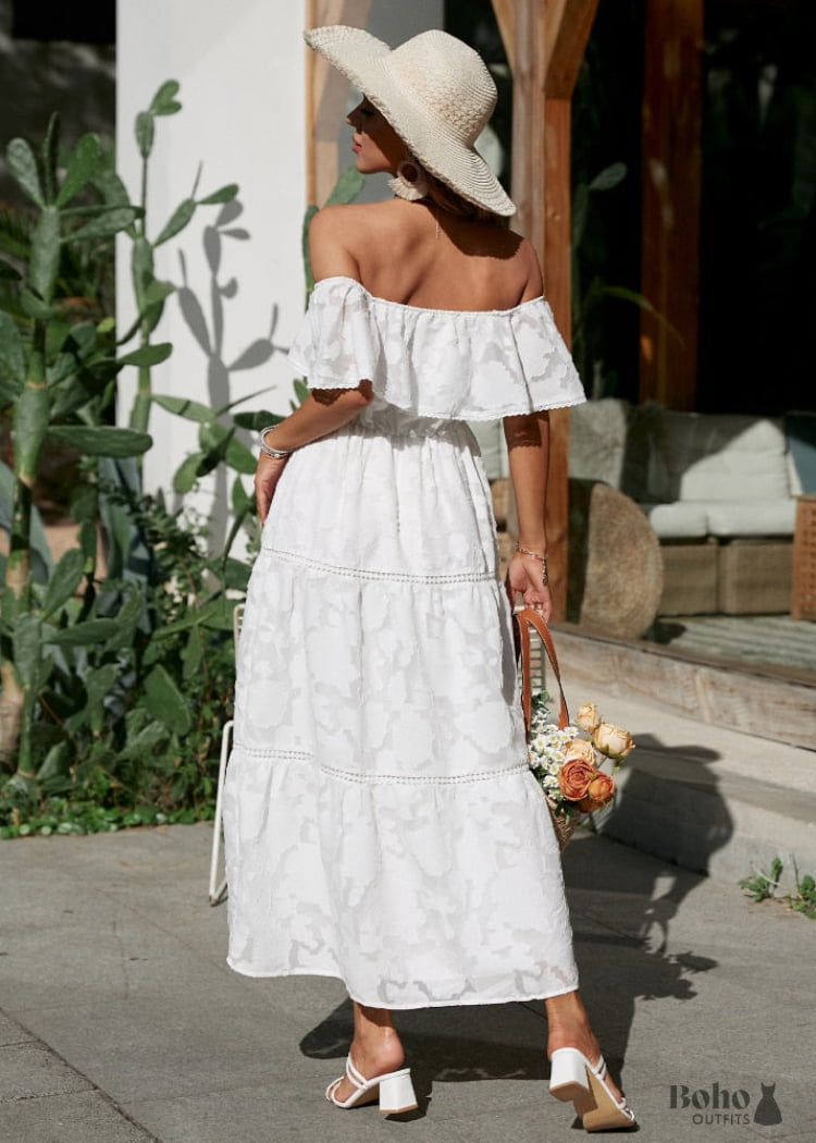 white off the shoulder boho dress Handmade Smocked Boho off Shoulder Dress/beach Maxi Dress/boho Cream Wedding Dress/wide Sleeve Wedding Dress/lace up Maxi Dress