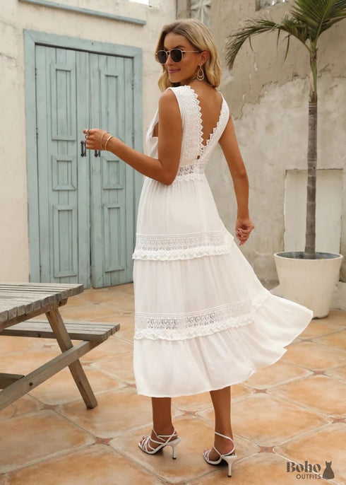 Vestido largo bohemio chic de encaje blanco estilo princesa