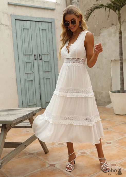 Vestido largo bohemio chic de encaje blanco estilo princesa