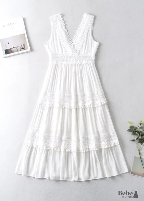 Vestido largo bohemio chic de encaje blanco estilo princesa