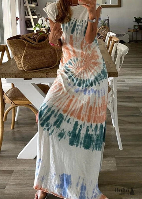 White Tie Dye Boho Maxi Dress Noelle