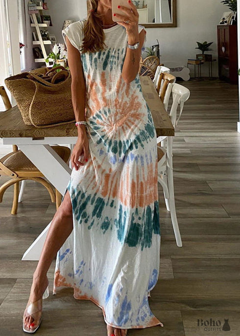 White Tie Dye Boho Maxi Dress Noelle