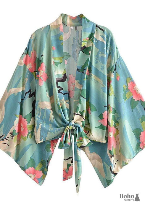 Women's Chic Green Floral Boho Kimono Dress