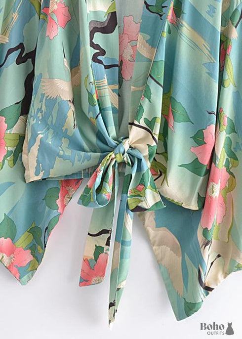 Women's Chic Green Floral Boho Kimono Dress