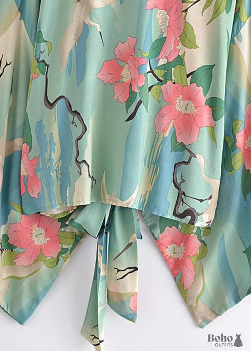 Women's Chic Green Floral Boho Kimono Dress