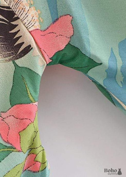 Women's Chic Green Floral Boho Kimono Dress