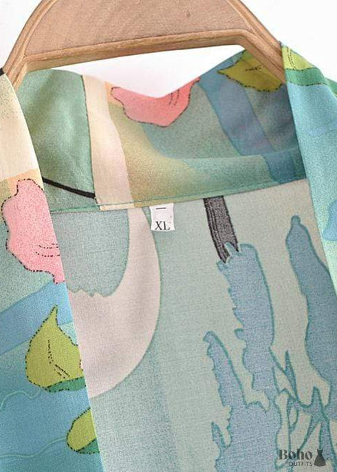 Women's Chic Green Floral Boho Kimono Dress