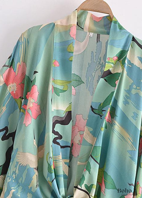 Women's Chic Green Floral Boho Kimono Dress