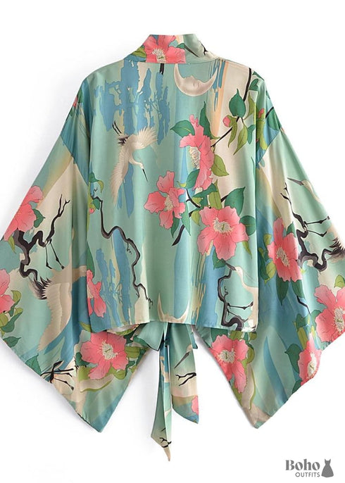 Women's Chic Green Floral Boho Kimono Dress