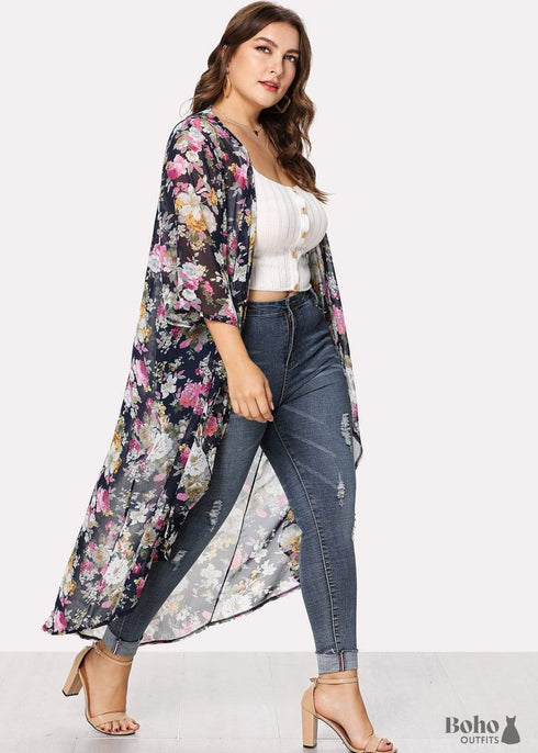 Women's Chic Plus Size Ebony Boho Kimono Dress