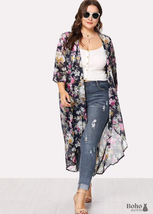 Women's Chic Plus Size Ebony Boho Kimono Dress