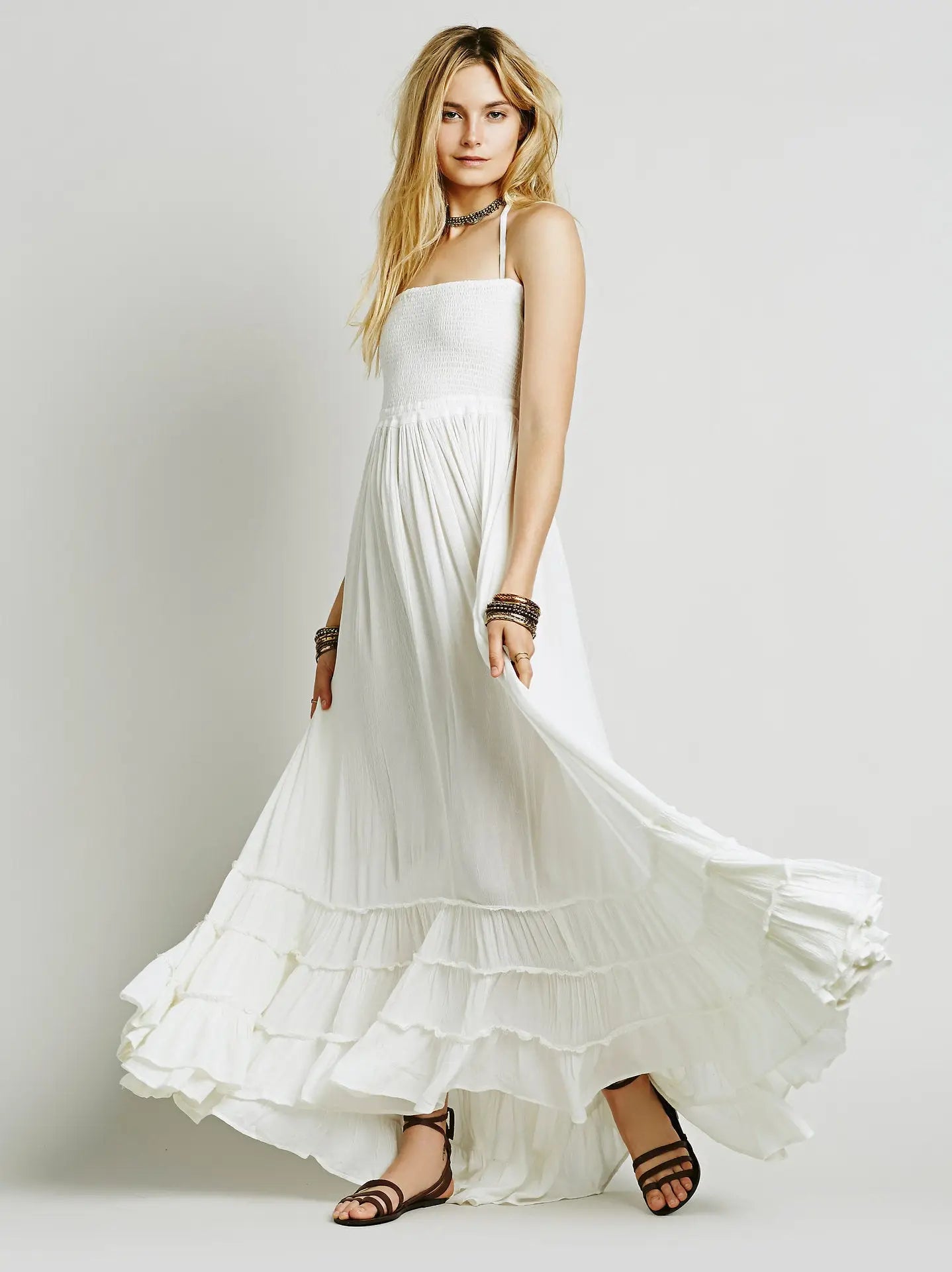 what shoes to wear with boho dress Fashion Week Outfit: White Boho Dress and Platform Sneakers