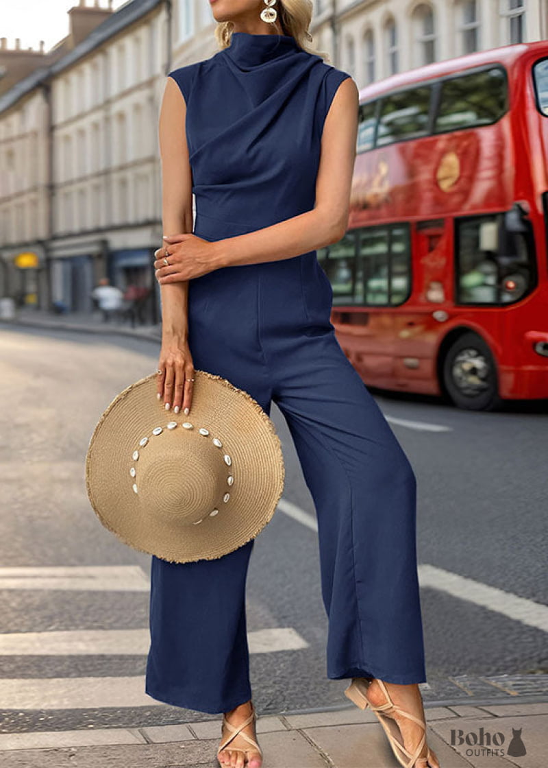 2024 New Sleeveless Swing Collar Jumpsuit Boho Dress Blue L