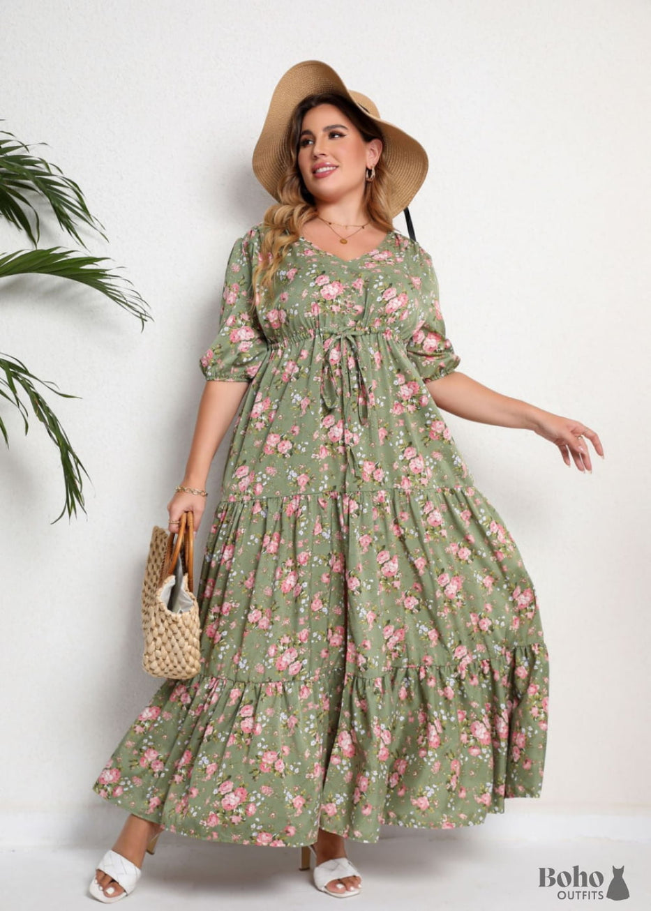 Plus Size Boho Dress, Women's Plus Southwestern Print Long Sleeve Round  Neck Slight Stretch Maxi Dress