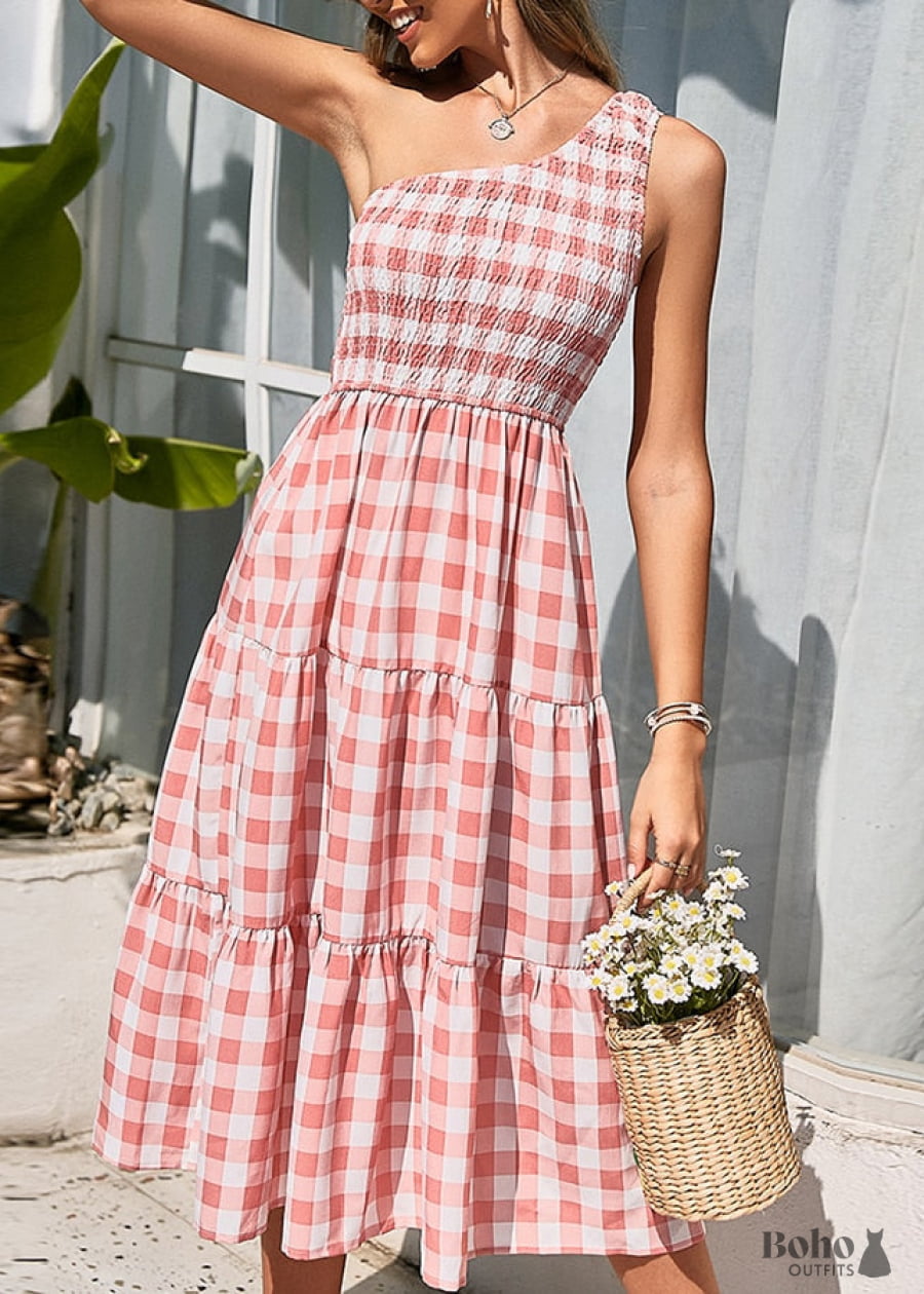plaid boho dress Drindf Women Summer Plaid Dress Tie Strap Maxi Dress Tube Top Boho Dress Casual Ruffle Hem Dress Flowy Swing Dress Dresses for Wedding Guest vestidos